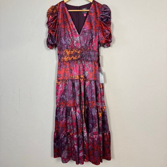 Vince Camuto NWT Women's Size 6 Paisley Puff Sleeve Satin Midi Dress Boho $168 - Picture 2 of 13